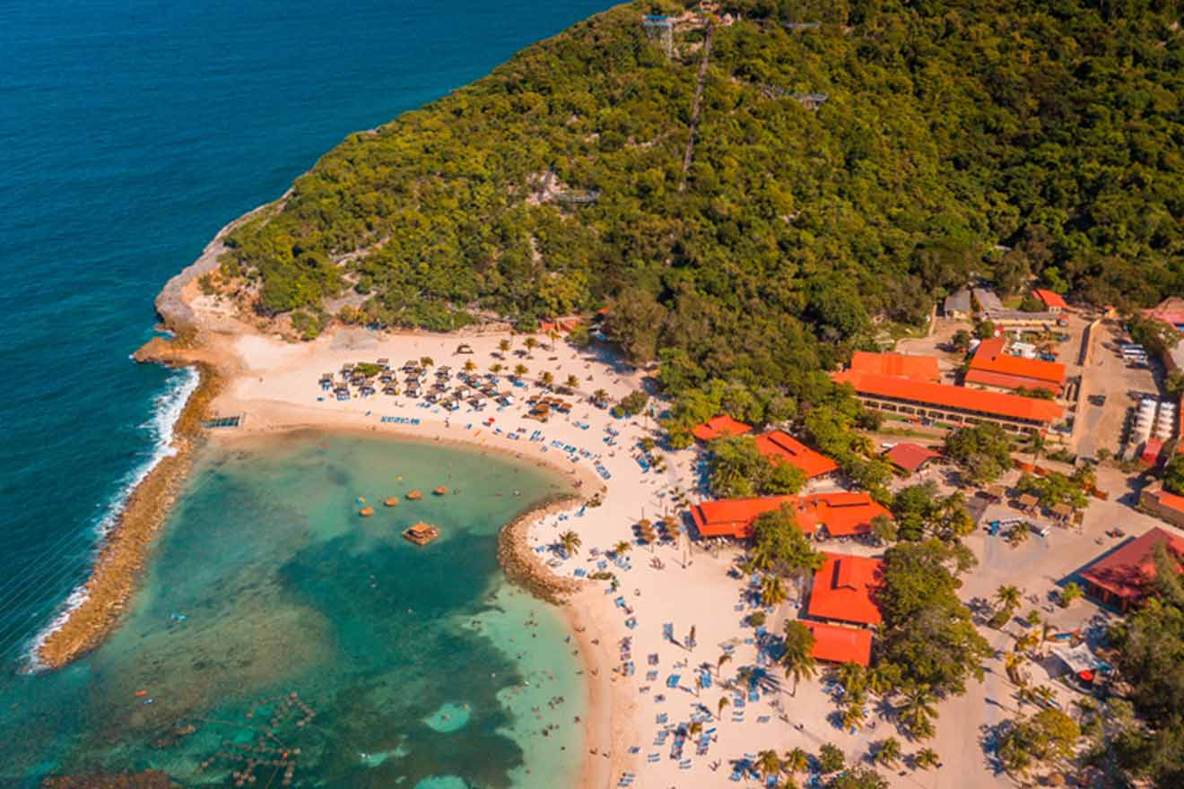 An aerial view of a beach and resort.