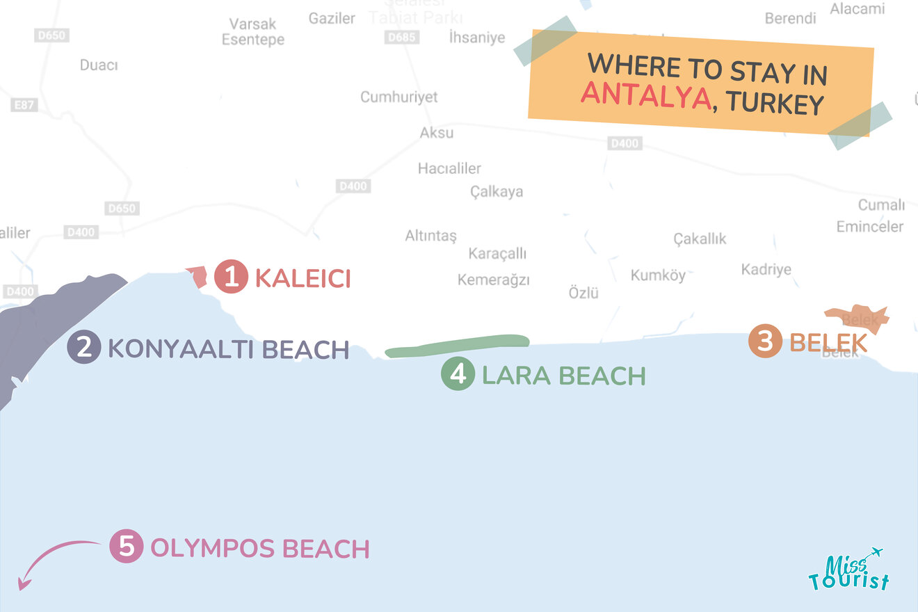 antalya map with all the where to stay regions