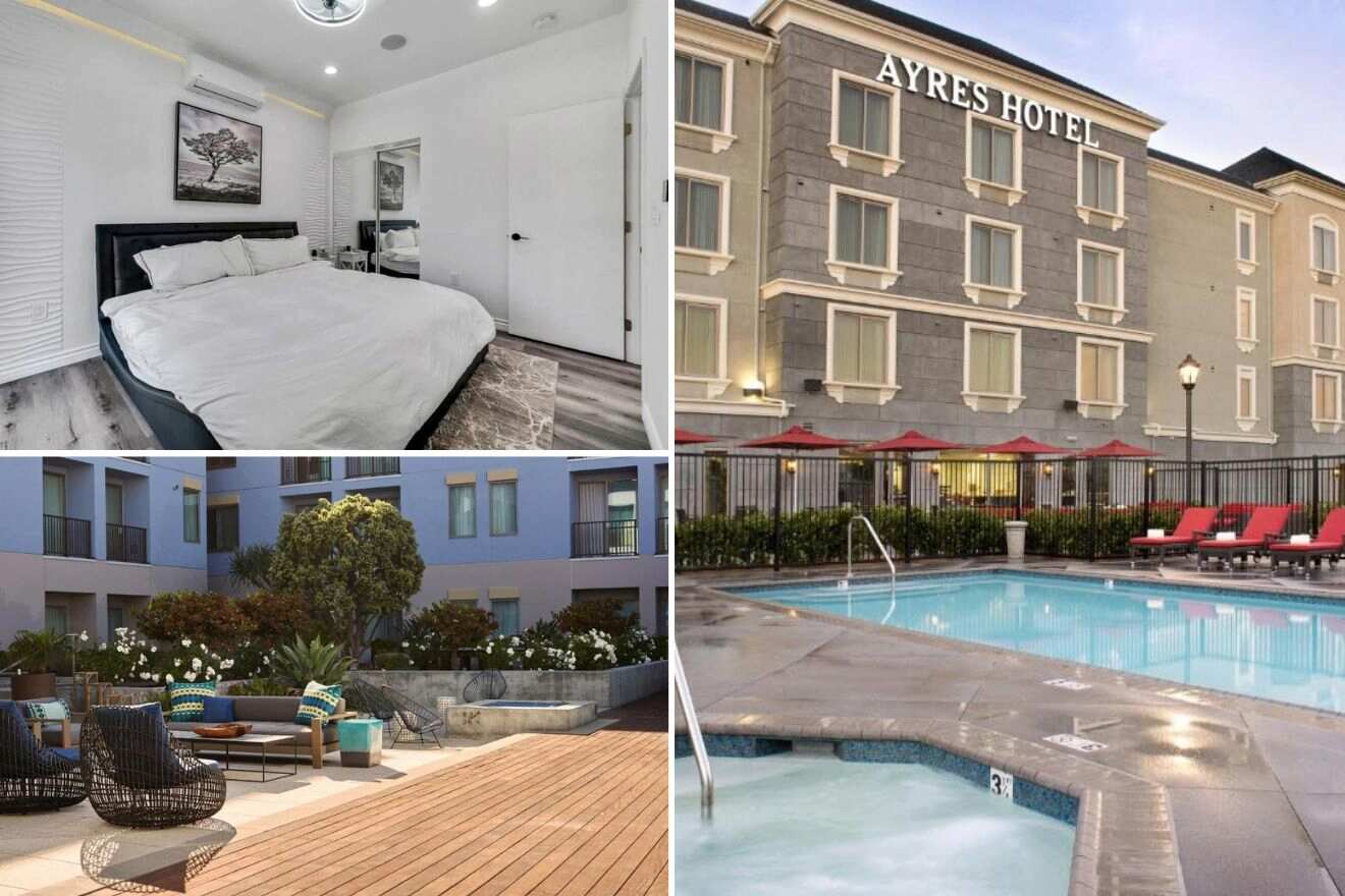 collage of 3 images with: a bedroom, hotel's building with a pool in front of it and an outdoor lounge