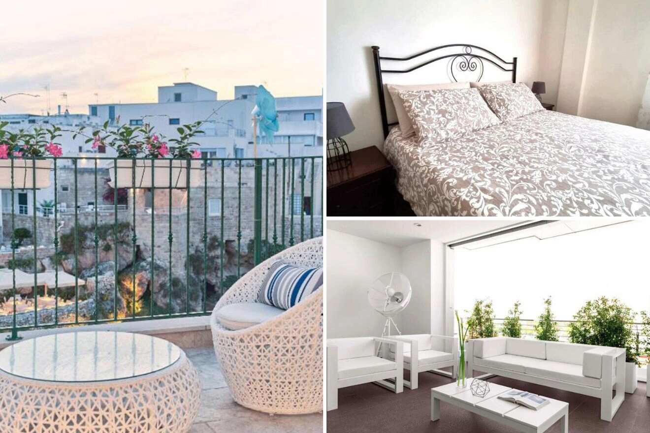 collage of 3 images with: a bedroom, lounge on the terrace and couches on a terrace