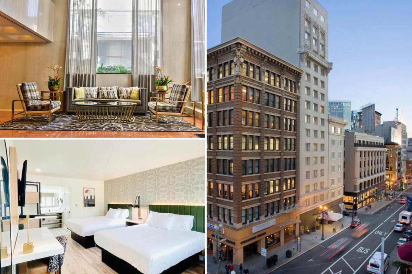 collage of 3 images with: a bedroom with 2 beds, a lounge and a street view with a hotel's building