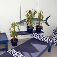 A blue couch with a fish on it.