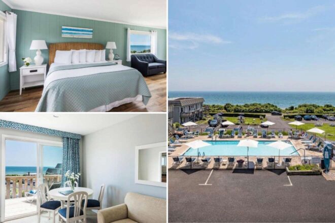 collage of 3 images with: a bedroom, lounge and pool area with the ocean in the background