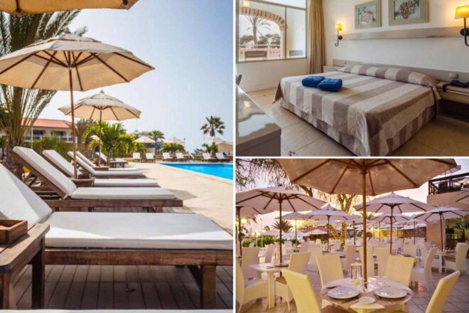 collage of 3 images with: bedroom, sunbeds by the pool and an outdoor restaurant