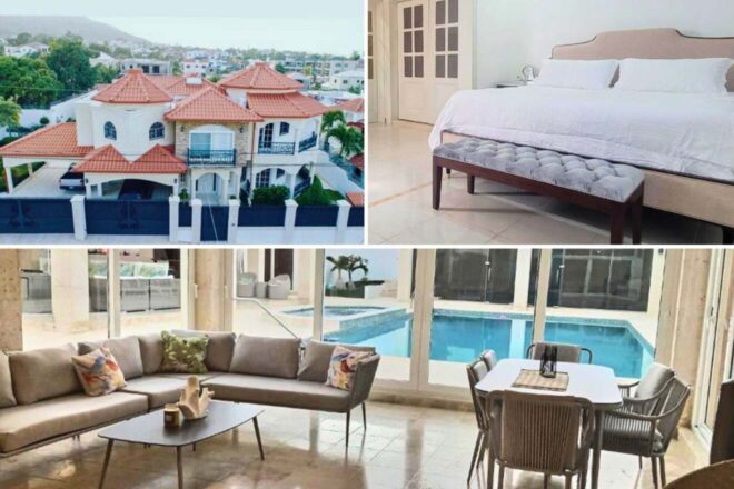 collage of 3 images with: aerial view over the hotel's building, bedroom and lounge with large windows overlooking the pool