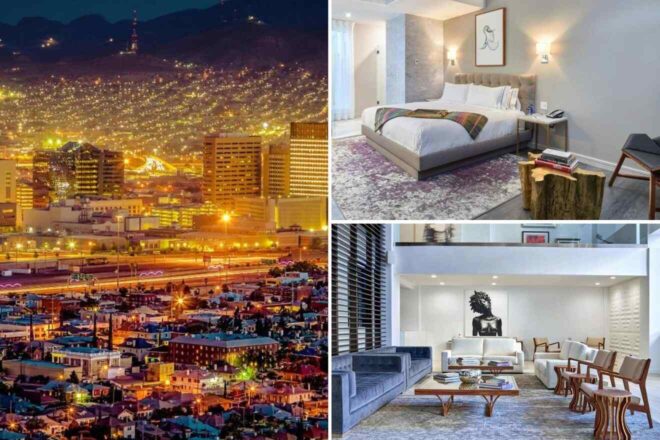 collage of 3 images with: a bedroom, lounge and view over the city at night