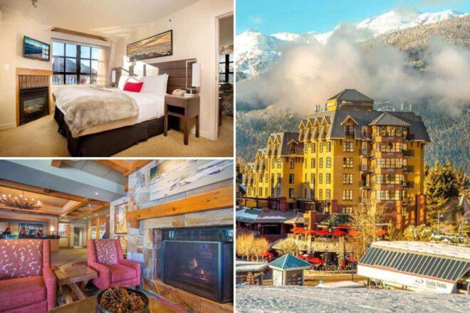 collage of 3 images with: a bedroom, lounge with a fireplace and hotel's building with the mountain in the background