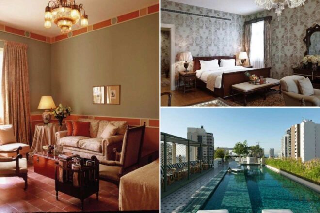 a collage of three hotel photos: living room, bedroom, and rooftop pool