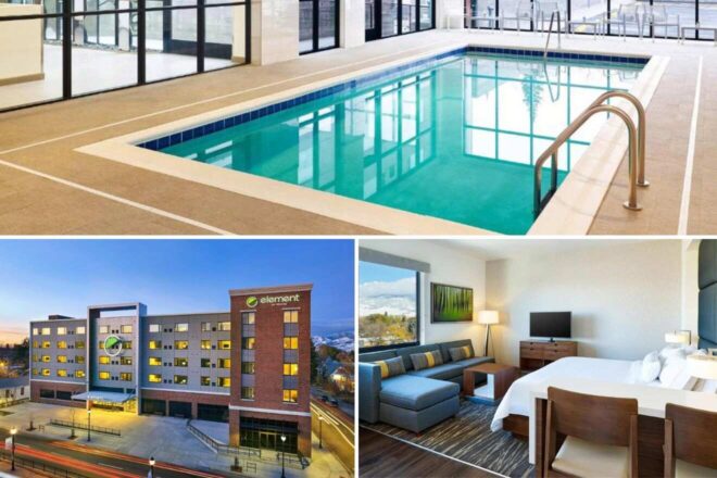 a collage of three hotel photos: indoor pool, hotel exterior, and bedroom