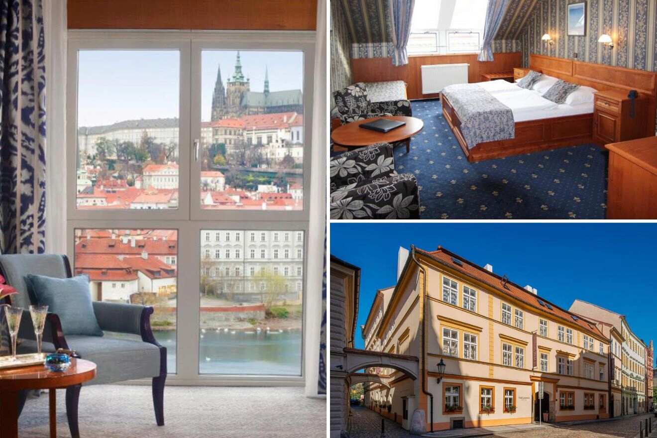 a collage of three hotel photos: seating area with a view, bedroom, and hotel exterior