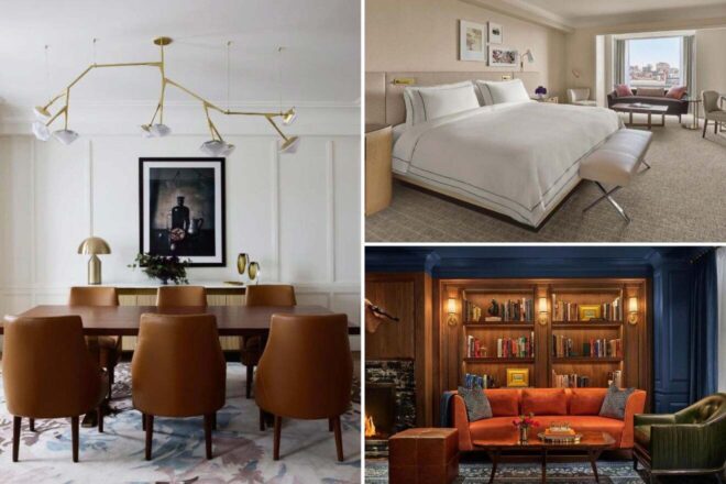 collage of three hotel photos: dining room, bedroom, and lounge with library