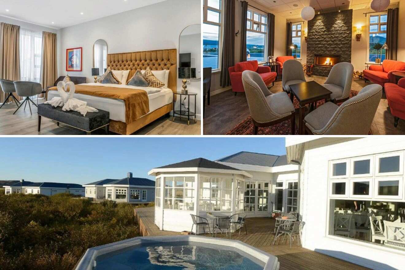 collage of 3 images with: bedroom, lounge and outdoor hot tub