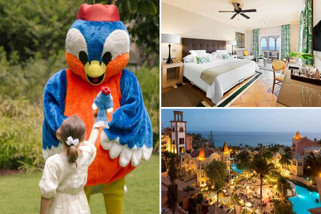collage of 3 images with: bedroom, aerial view over the resort and little girl with a mascot