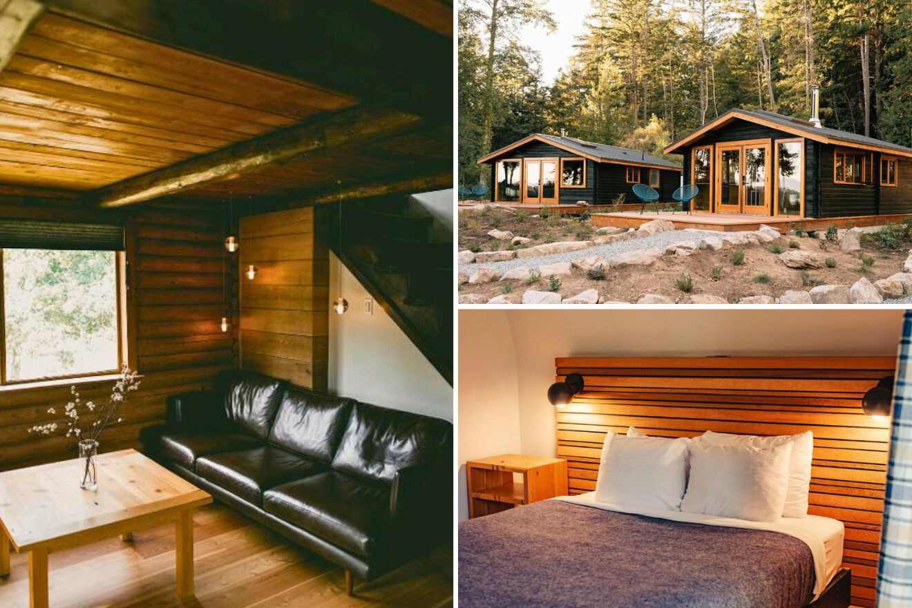 collage of 3 images with: cabins in the woods, bedroom and lounge