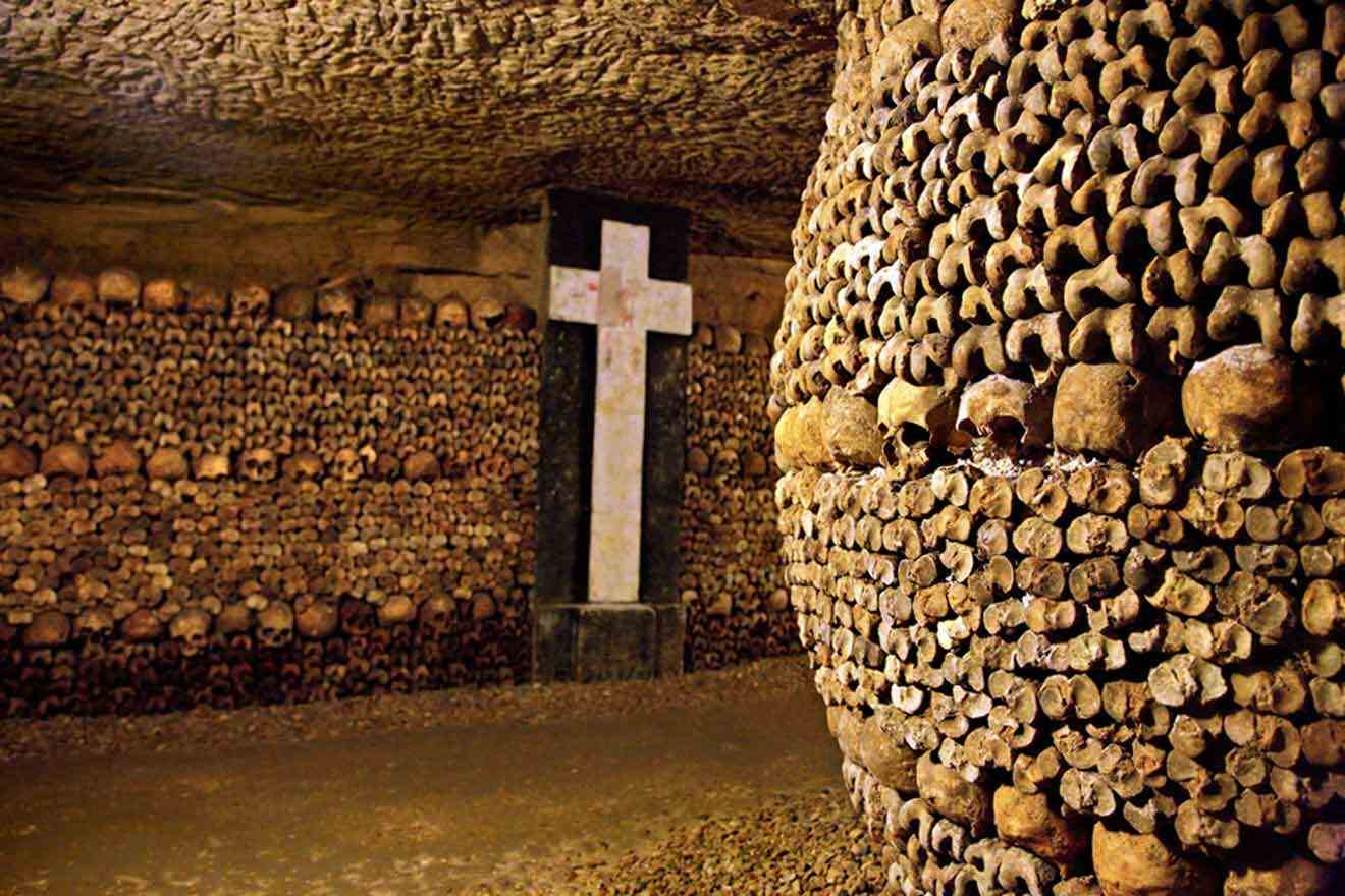 A room filled with skulls and a cross.