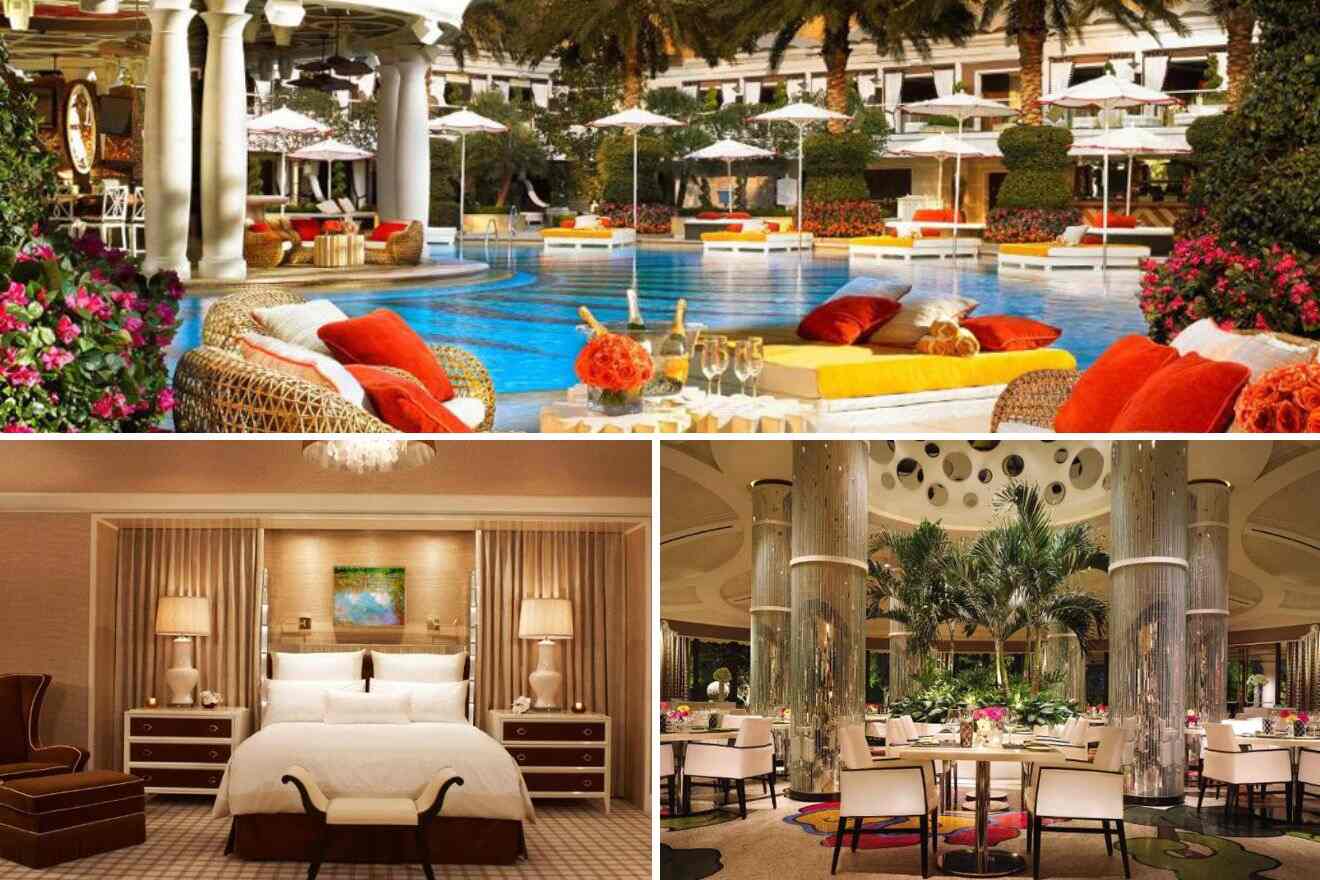 collage of 3 images with: bedroom, pool area and restaurant area