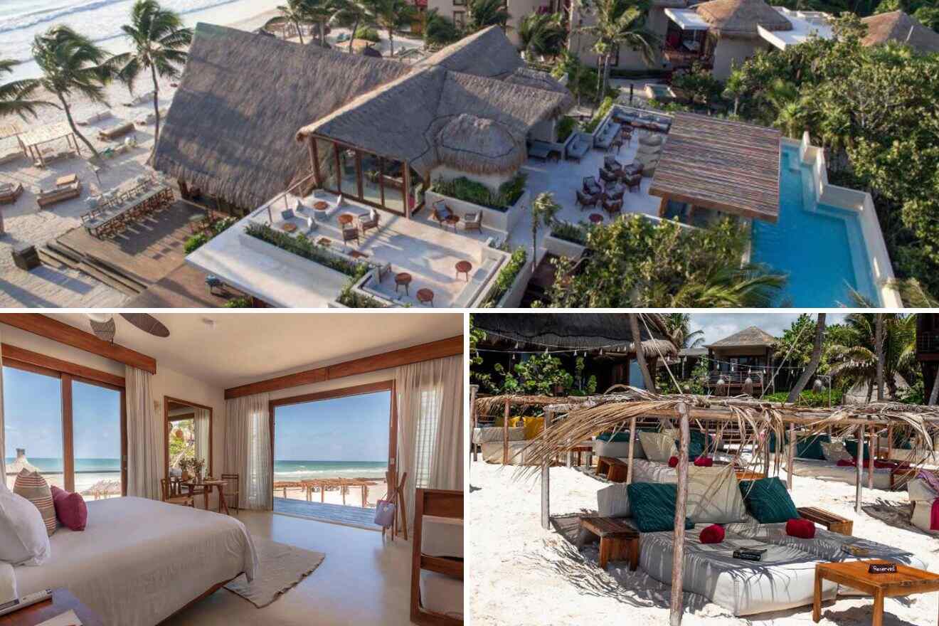 collage of 3 images with: bedroom, lounge on the beach and aerial view over the resort