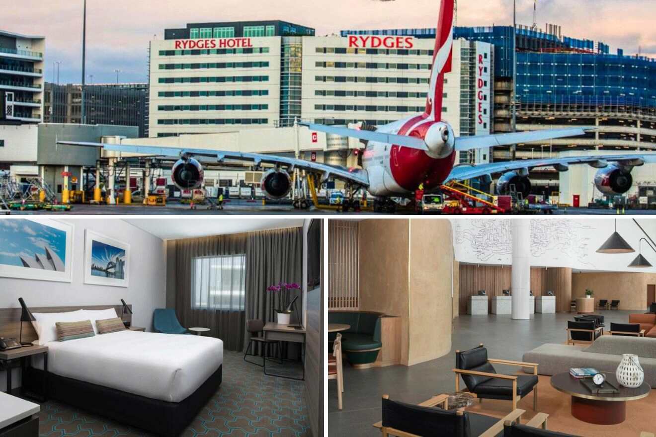 collage of 3 images with: airplane with a hotel building behind it, bedroom and lounge