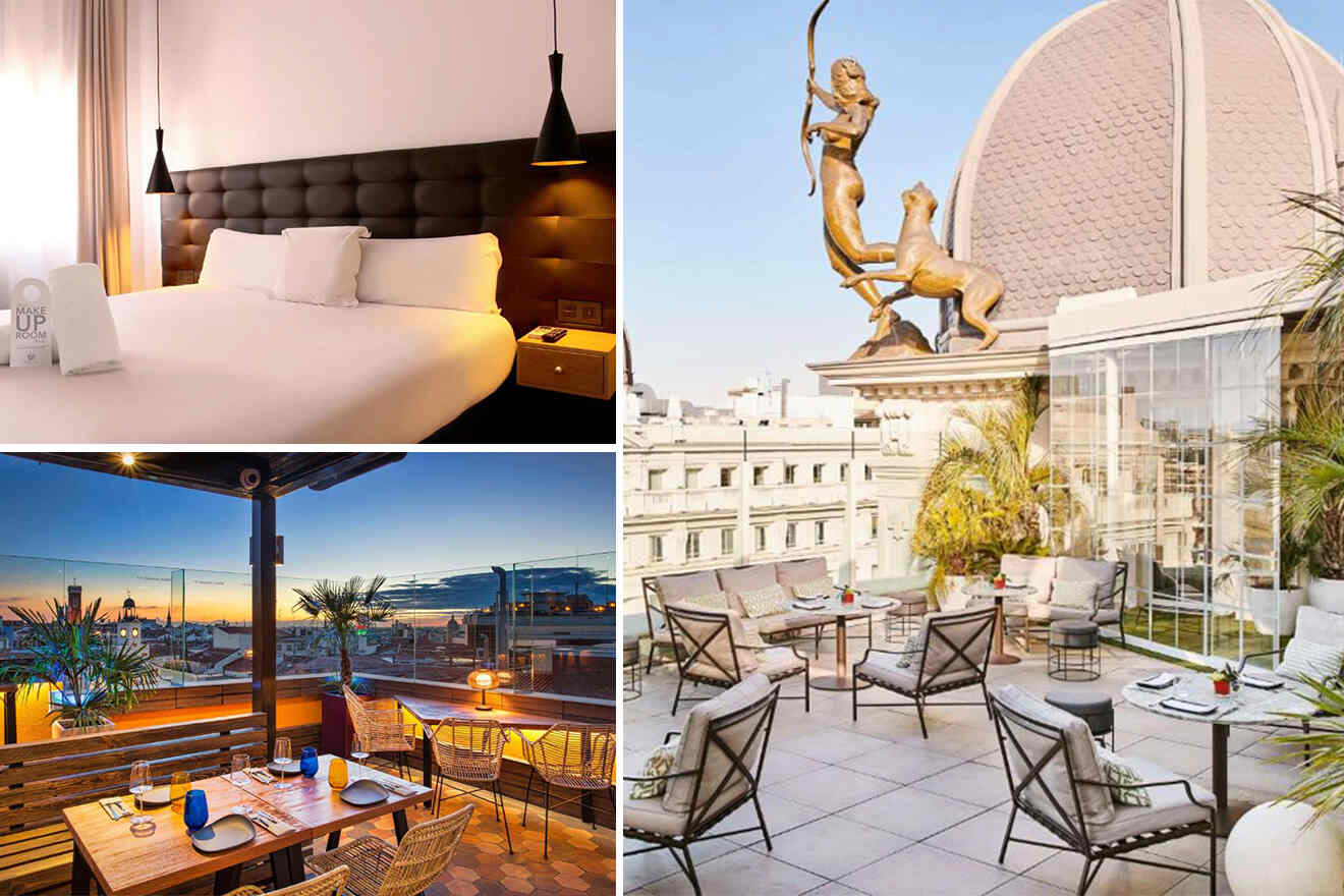 collage of 3 images with: bedroom, restaurant and lounge zone on the roof