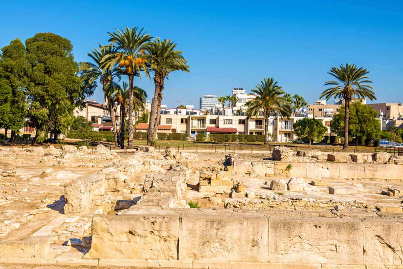 The ruins of the ancient city with palm trees in the background in Larnaca