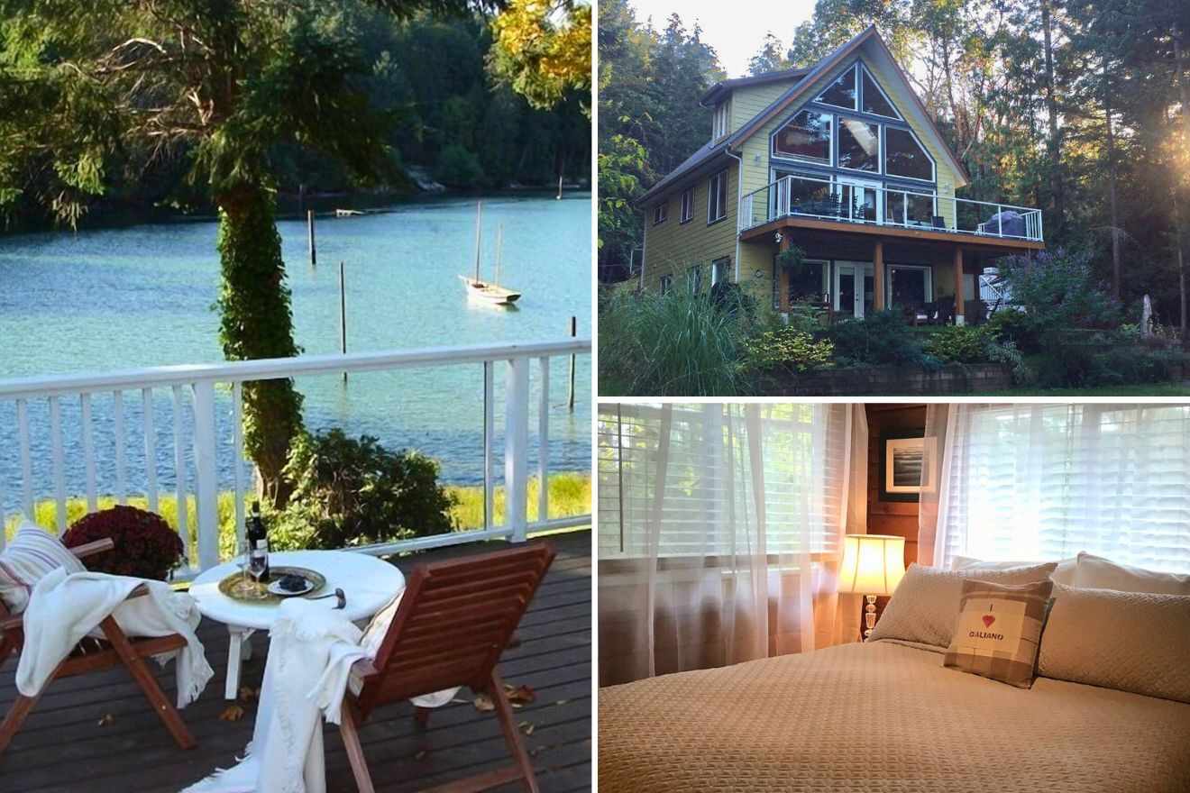 collage of 3 images with: chairs on a terrace overlooking the water, bedroom and house in the woods