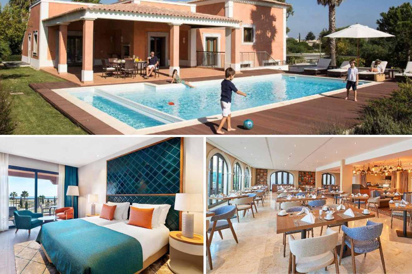 collage of 3 images with: bedroom, restaurant and kids playing by the pool