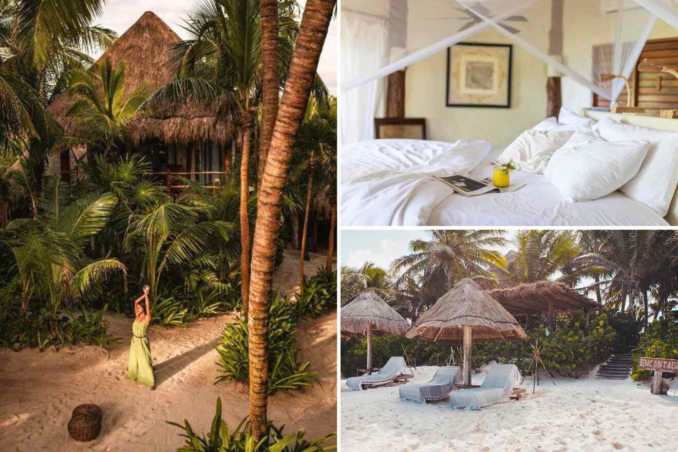 collage of 3 images with: bedroom, woman in the hotel's garden and sunbeds on a private beach
