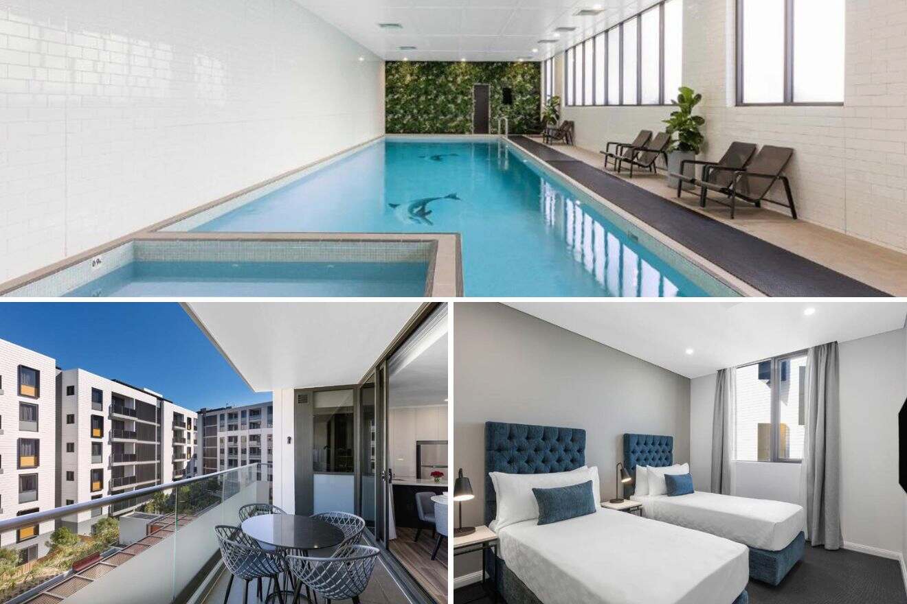collage of 3 images with: indoor pool, bedroom and table with chairs on the terrace