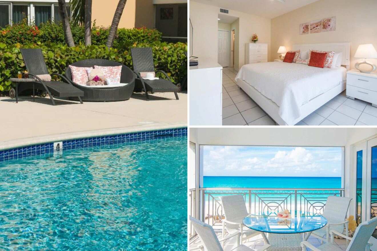 collage of 3 images with regal beach club: pool area, bedroom and dining space on the terrace