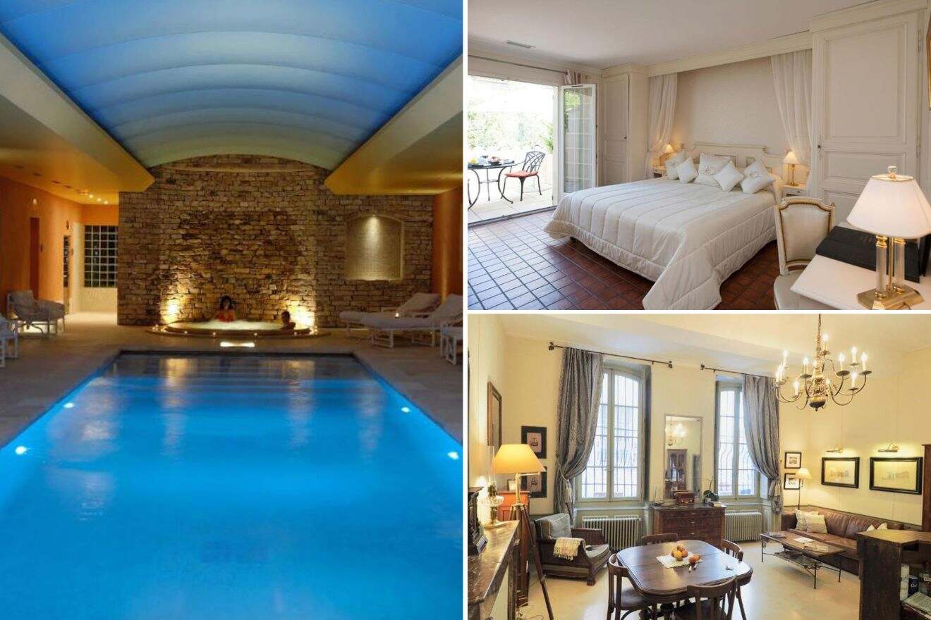 collage of 3 images with: bedroom, lounge and pool view