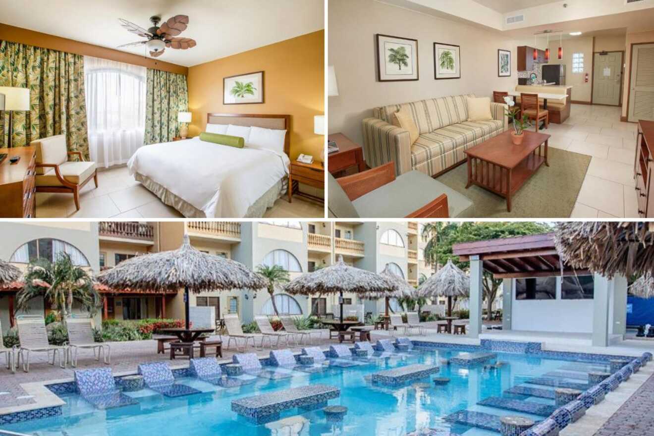 collage of 3 images with: bedroom, pool area and lounge