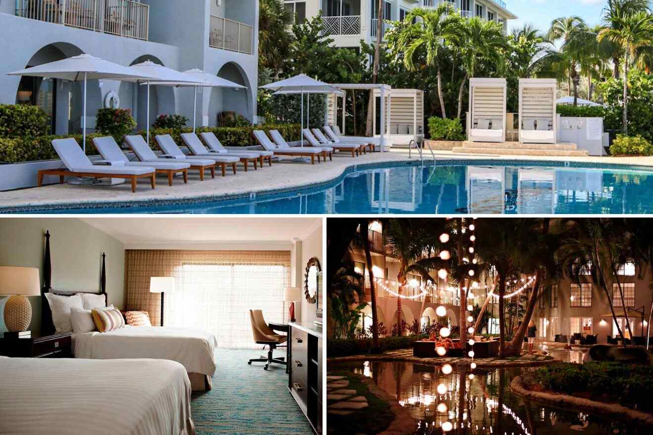 collage of 3 images of the grand cayman marriot beach resort: pool area, bedroom and garden view at night