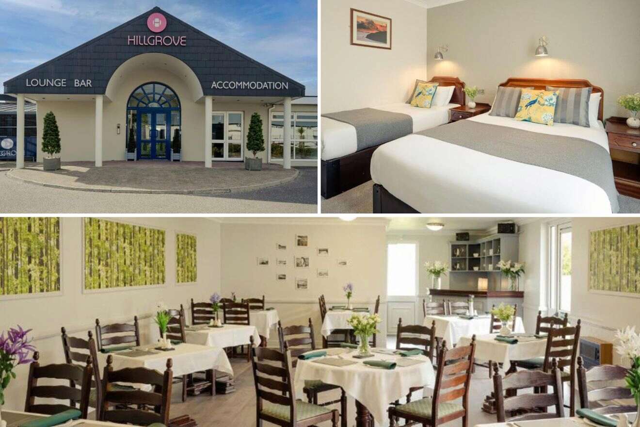 collage of 3 images with: bedroom, restaurant and hotel's building