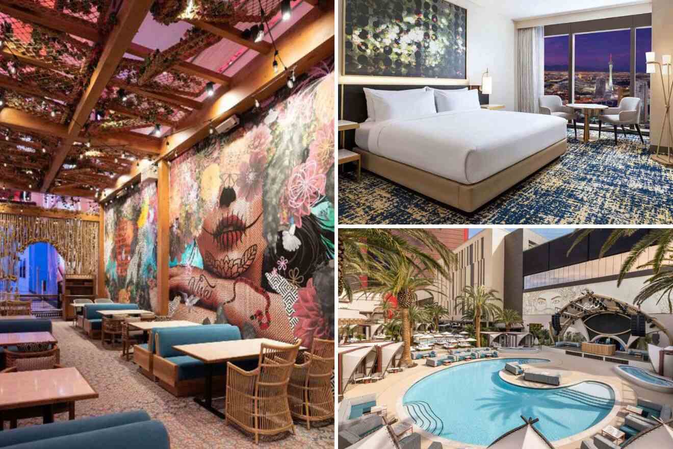 collage of 3 images with: bedroom, pool area and restaurant