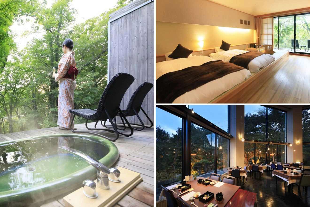 collage of 3 images of Okunikko Hotel Shikisai with: japanese style room, restaurant and private ryokan