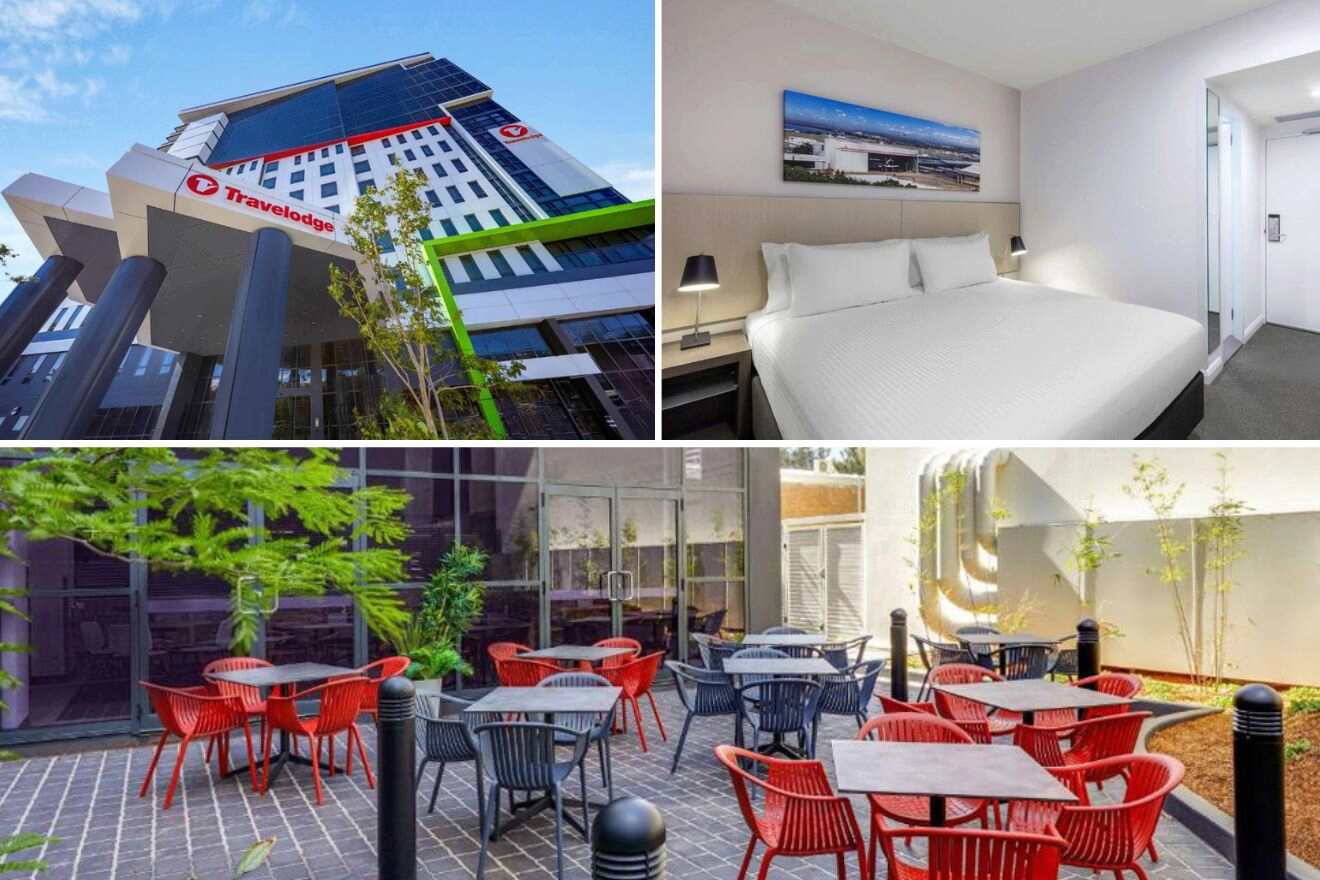 collage of 3 images with: hotel's building, bedroom and restaurant on the patio