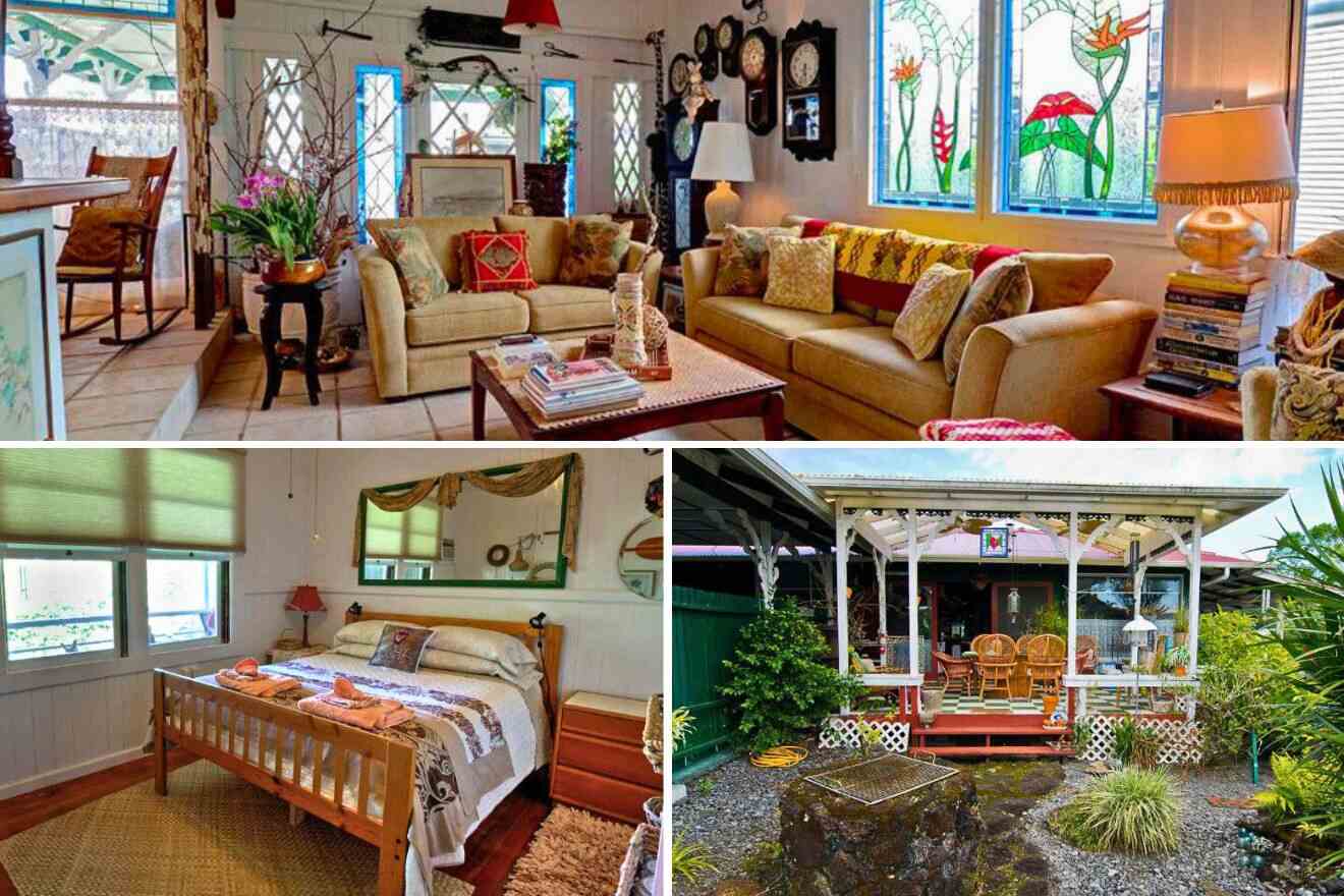 collage of 3 images with: bedroom, gazebo and living room