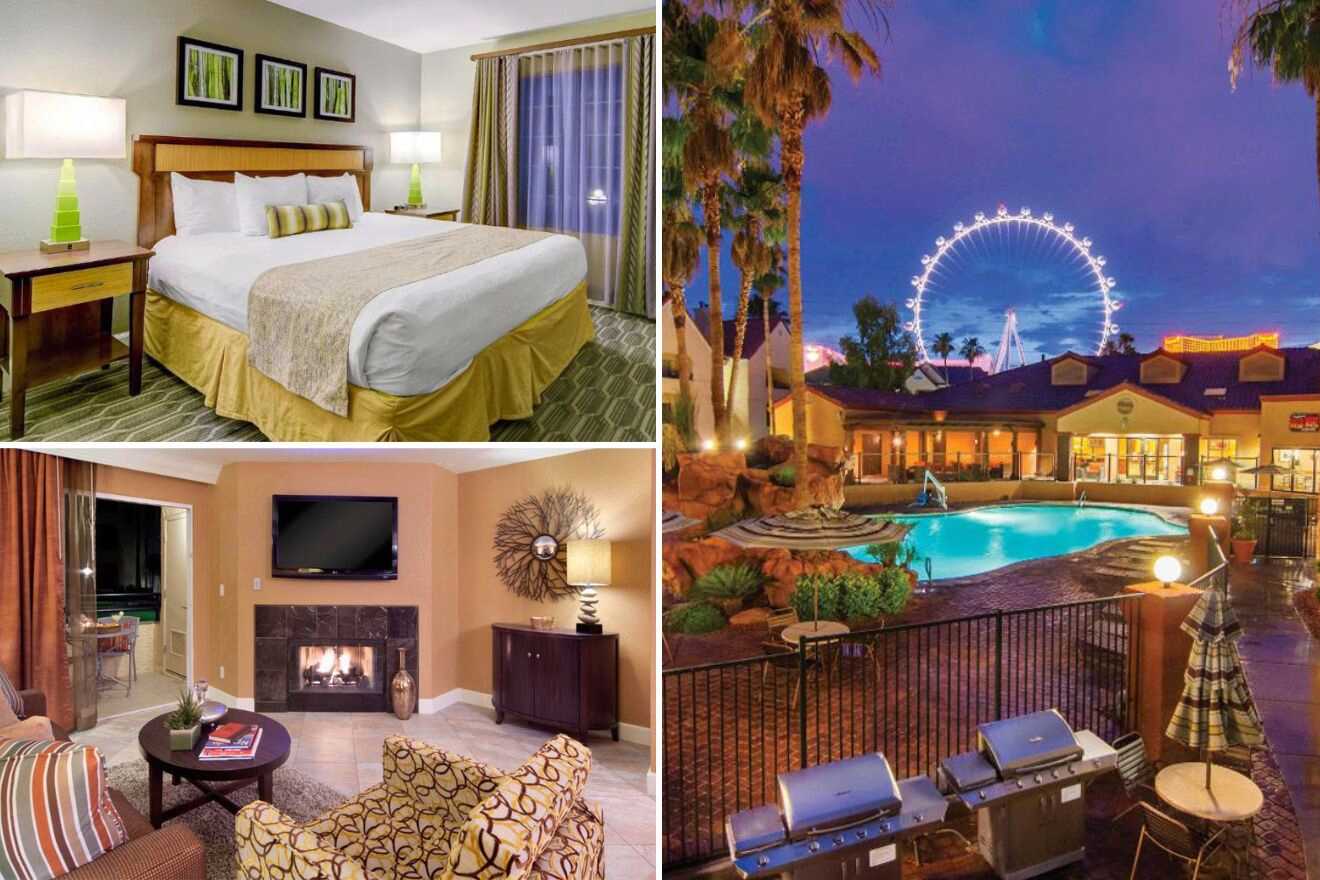 collage of 3 images with: bedroom, barbeque with a pool in the background and lounge with a fireplace