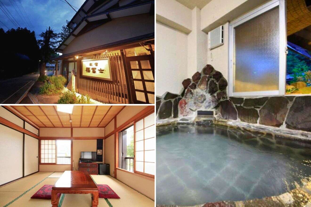 collage of 3 images of Minshuku Fukufuji with: japanese style room, hotel's building and private ryokan