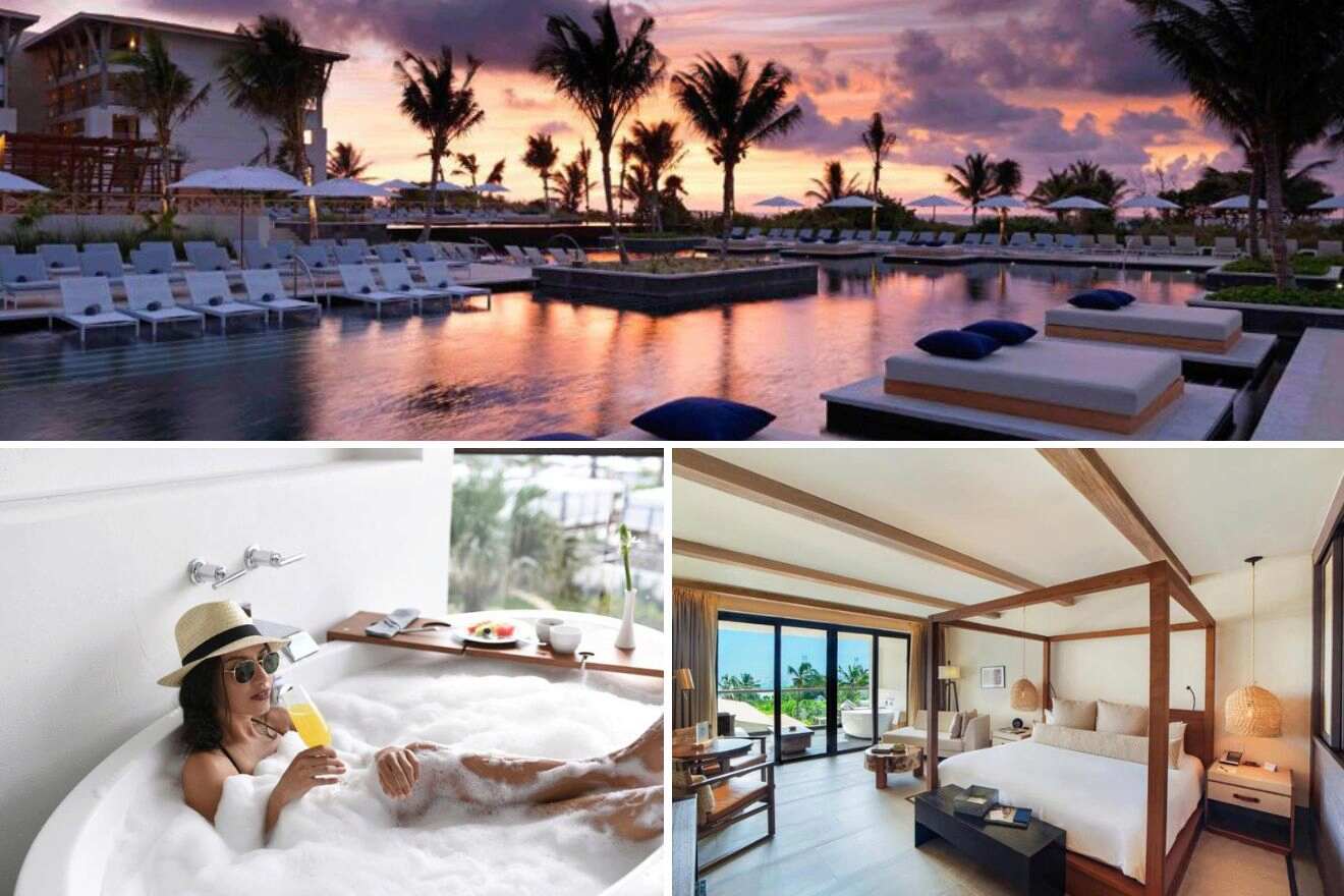 Collage of 3 pics of luxury hotel: a pool at sunset, a person relaxing in a bathtub with a drink, and a spacious bedroom with modern decor and a view.