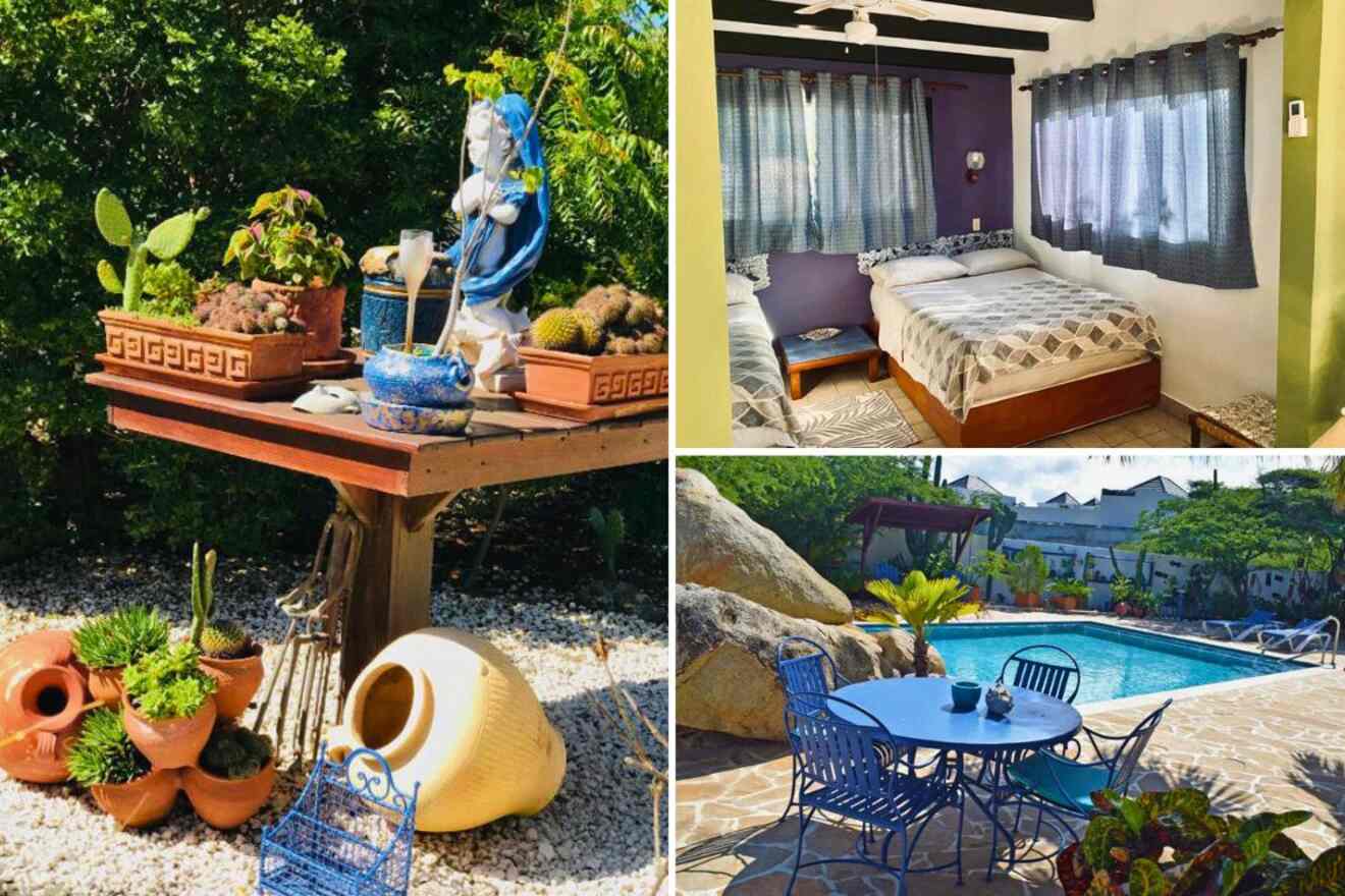 collage of 3 images with: bedroom, garden decorations and table with chairs by the pool