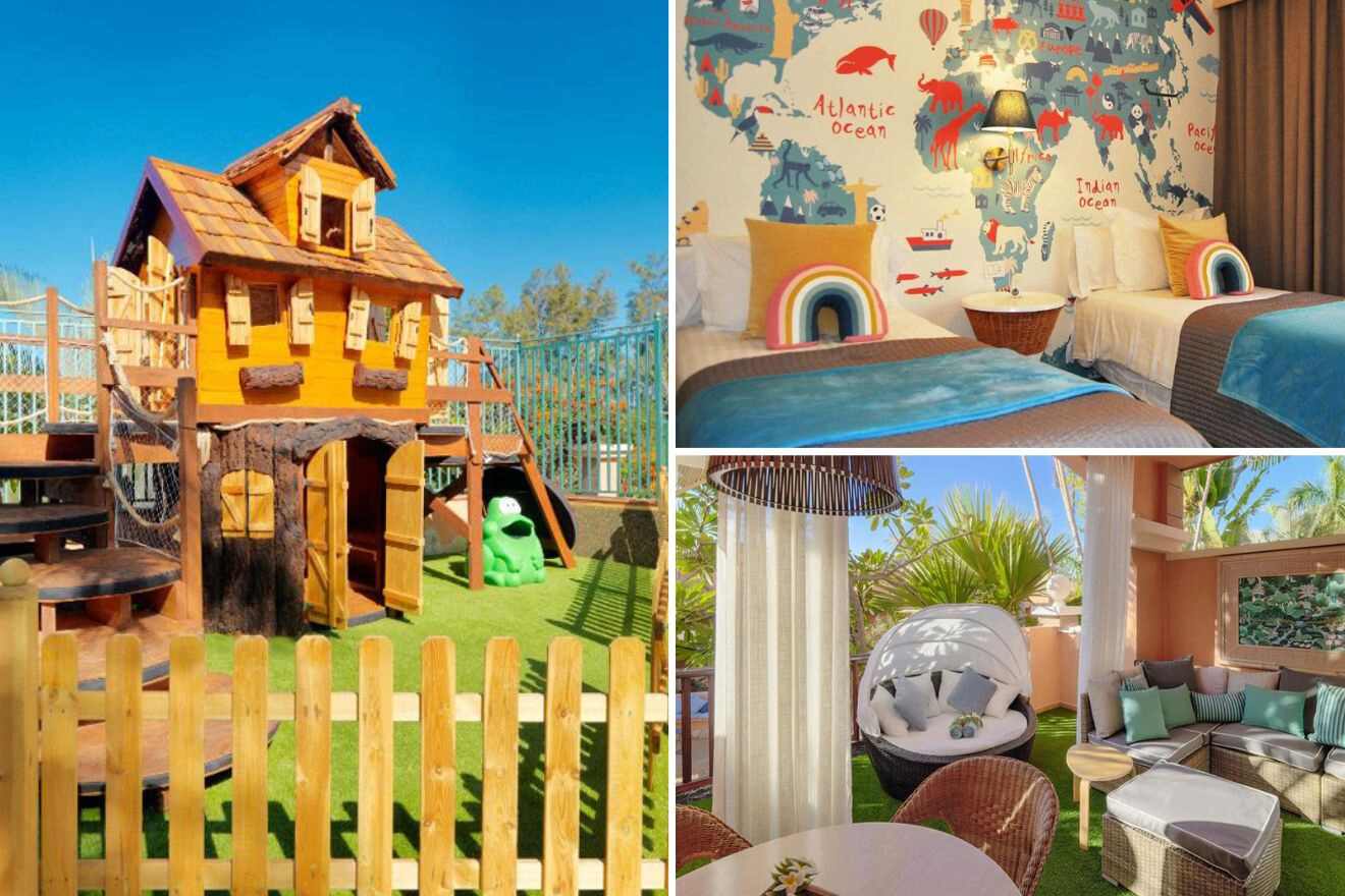 collage of 3 images with: bedroom, kids play area and outdoor lounge