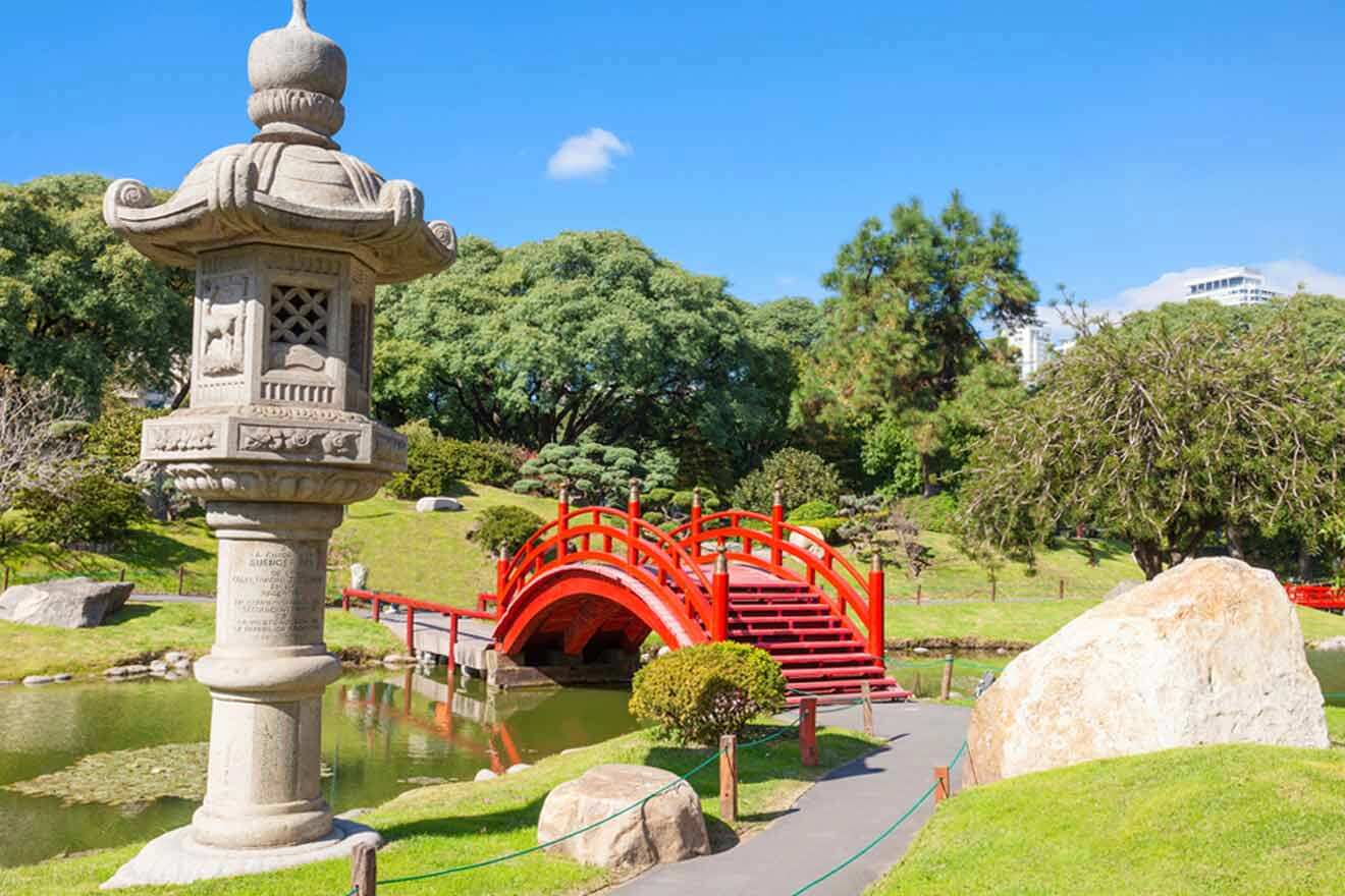 Japanese garden with a tower and a red bridge in Buenos Aires