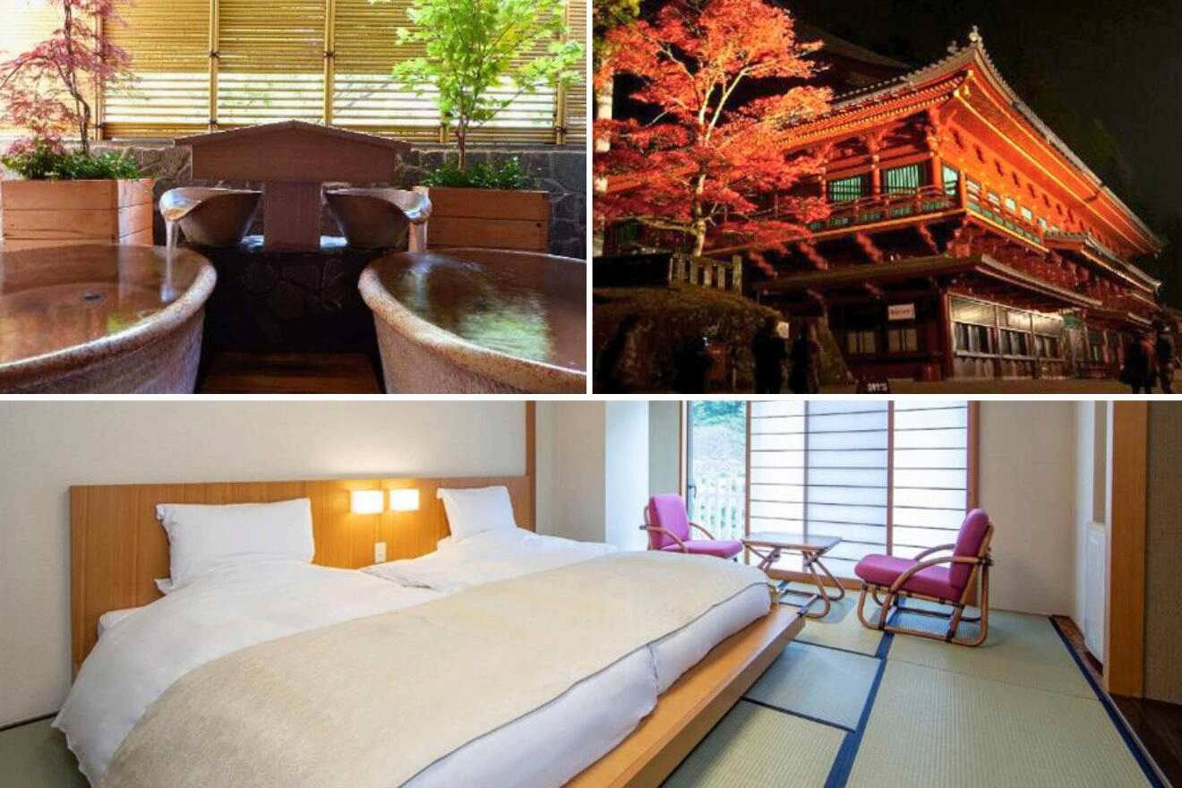 collage of 3 images of Kinugawa Onsen Hotel with: hotel's building, bedroom and private ryokan