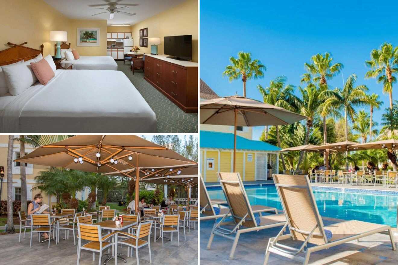 collage of 3 images of the sunshine suite resort : pool area, bedroom and restaurant