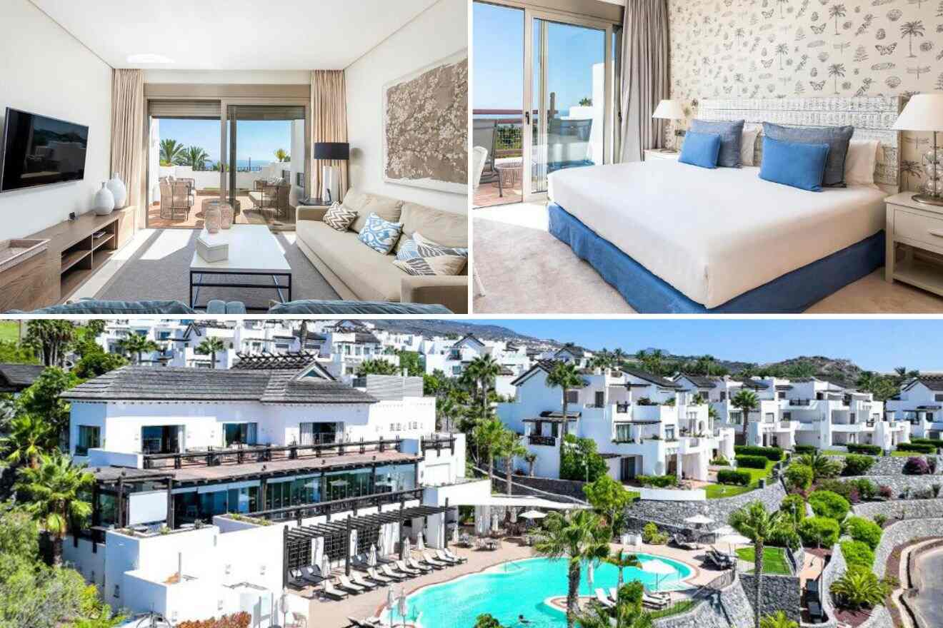 collage of 3 images with: bedroom, pool view and lounge