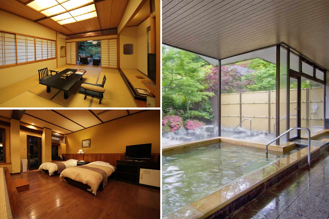 collage of 3 images of Okunoin Hotel Tokugawa with: japanese style room, bedroom and private ryokan