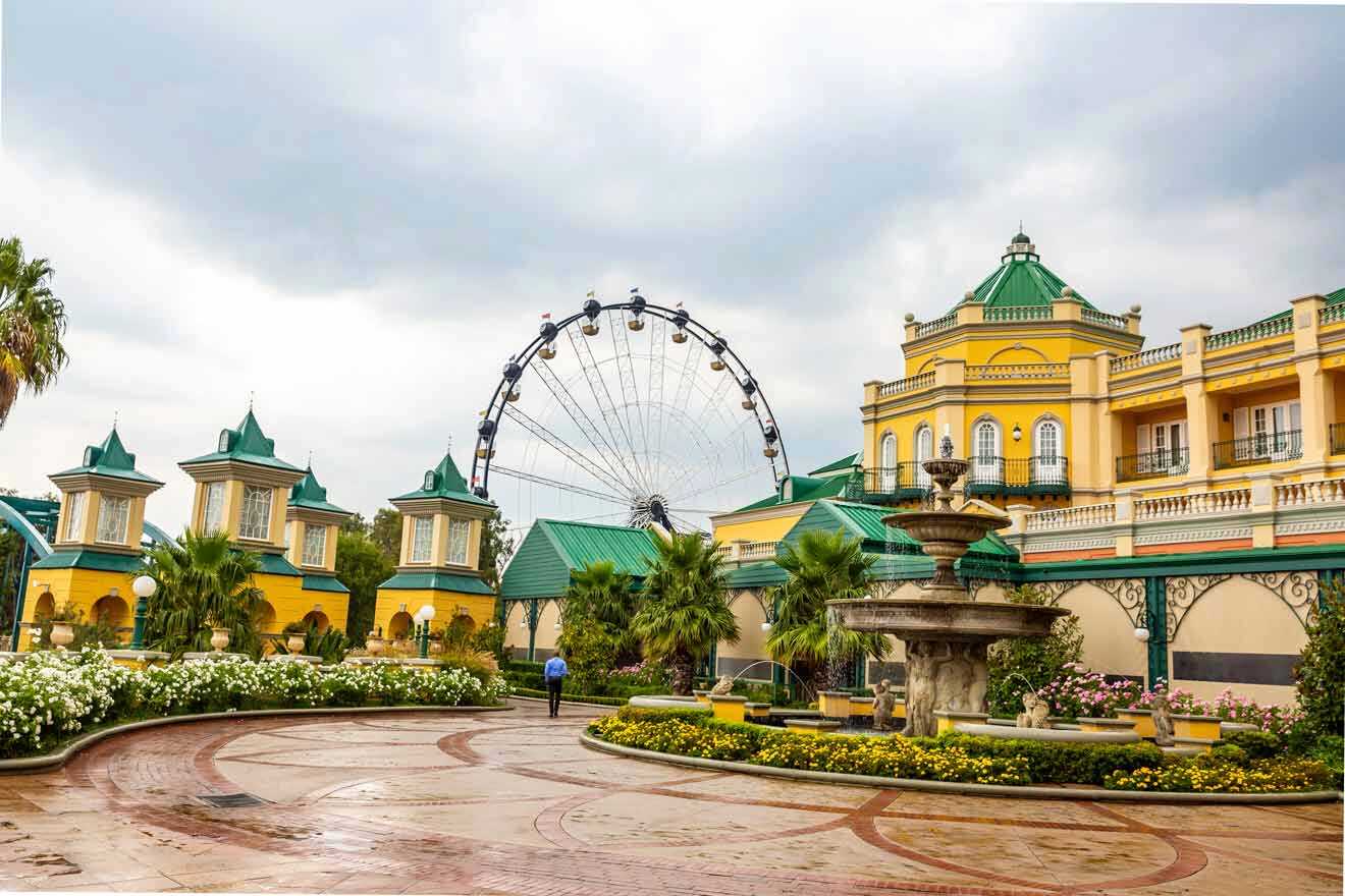 An amusement park with a ferris wheel and a fountain.