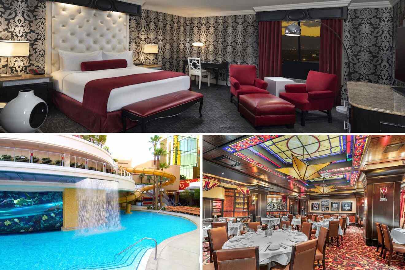 collage of 3 images with: bedroom, pool area and restaurant