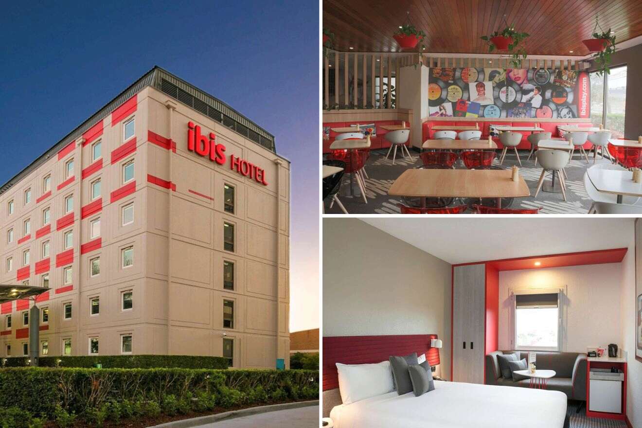 collage of 3 images with: hotel's building, bedroom and restaurant